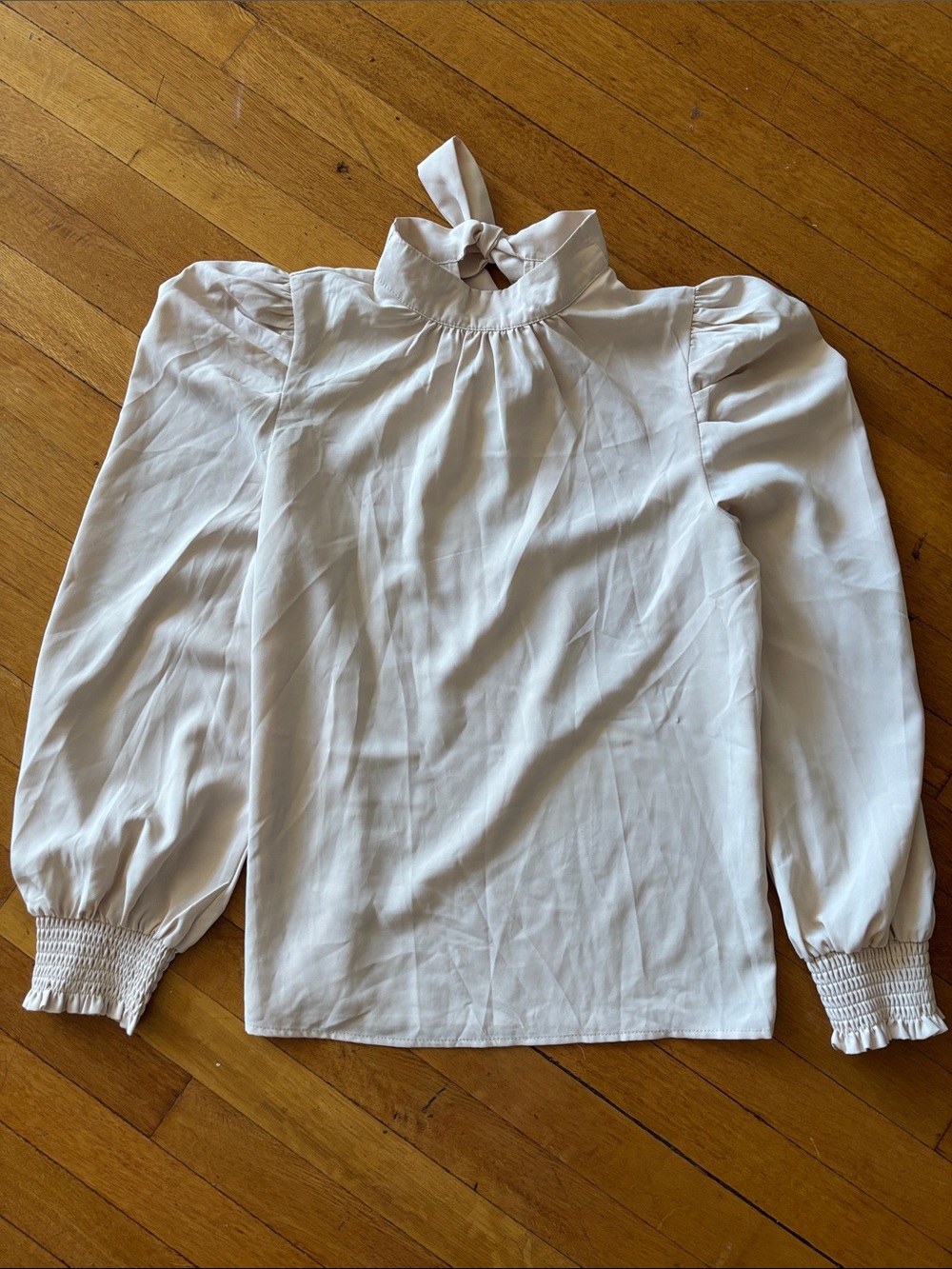 White High-Neck Puff Sleeve Blouse with Tie